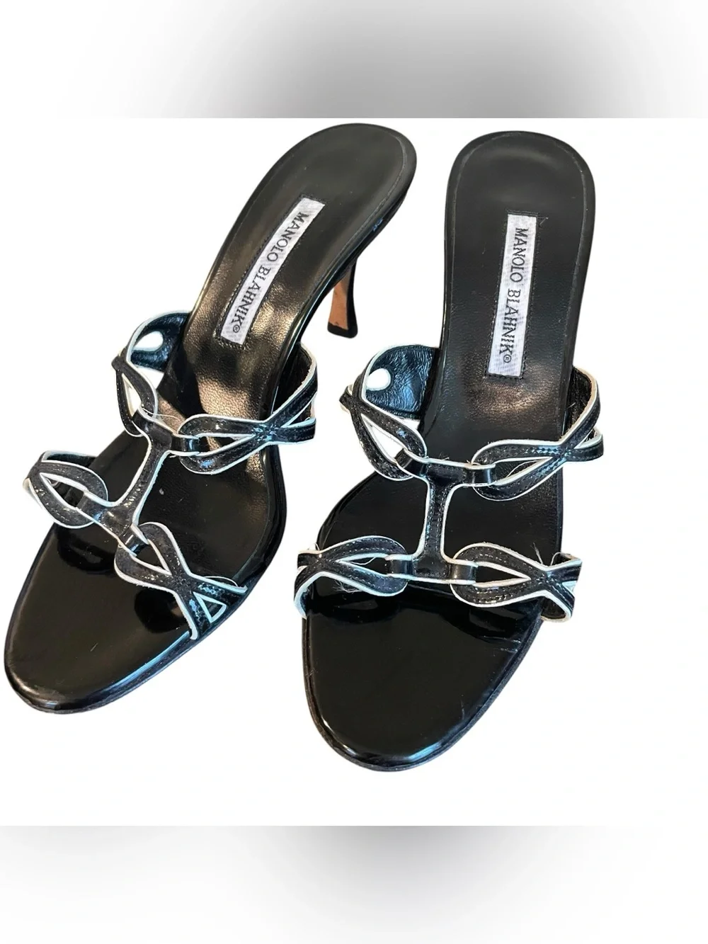 Manolo Blahnik Vintage Black Patent Leather Strappy Mule Heels Women Size 38